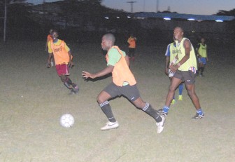 Pele players going through their paces during a practice session in the National Park yesterday. (Orlando Charles photo)