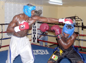 Guyana’s cruiserweight and heavyweight champion Kurt Bess throws a left jab at local lightheavyweight champion Kwesi `Lightning Struck’ Jones during a sparring session yesterday at the Andrew `Sixhead’ Lewis Gym yesterday. (Orlando Charles photo)