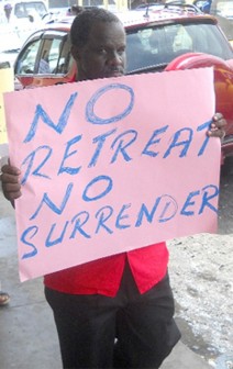 GB&GWU Leslie Gonsalves protesting against the BCGI impasse last November (Stabroek News file photo)