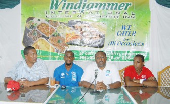 From left, Kashif Muhammad, Caledonia AIA Coach/Technical Director Travis Mulraine, Jamaal Shabazz and Walter Moore during yesterday’s press conference. (Orlando Charles photo)     