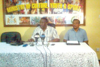  IMC Clive Lloyd (left) and moderator Edwin Seeraj at yesterday’s press briefing held at the Sport Ministry’s boardroom