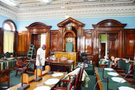 Parliament Chamber being readied for today’s sitting. (Anjuli Persaud photo)