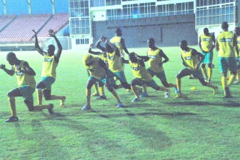 The Golden Jaguars team pictured in training at Providence Stadium last evening. (Aubrey Crawford Photo)