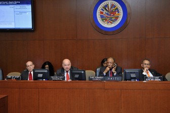 From left to right: Hugo de Zela, Chief of Staff of the OAS Secretary General José Miguel Insulza, OAS Secretary General Duly Brutus, Chair of the OAS Permanent Council and Permanent Representative of Haiti to the OAS Albert R. Ramdin, OAS Assistant Secretary General at yesterday's session (OAS photo)