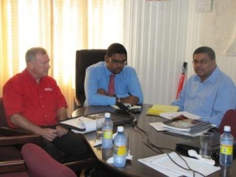 From left are Chairman and CEO REDjet, Ian Burns; Minister of Tourism(ag) Irfaan Ali and Director, Guyana Tourism Authority, Indranauth Haralsingh at  yesterday’s meeting. (GINA photo)