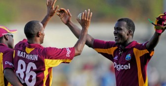 West Indies celebrate the match-clinching wicket of Brett Lee, who made a career-best 59