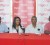 PRO of Digicel Shonnet Moore makes a point at the presentation while from left CEO of AJ Promotions Bhudesh Chatterpaul, Secretary of the Port Mourant Turf Club Chattergoon Ramnauth and Sponsorship and Events Manager of Digicel Gavin Hope look on. (Orlando Charles photo)
