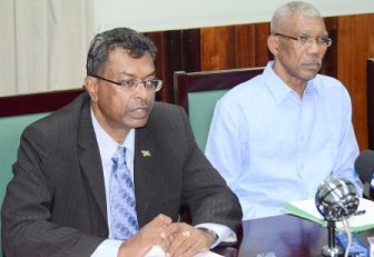 Leader of the Opposition and APNU David Granger (right) at a press conference today at Parliament with the AFC's Khemraj Ramjattan  