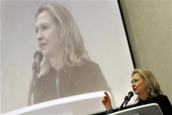 U.S. Secretary of State Hillary Clinton speaks at the Summit of the Americas Civil Society Dialogue in Cartagena April 13, 2012.  Credit: Reuters/Jacquelyn Martin/Pool