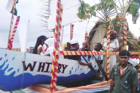 A model of the Whitby the ship that transported Indentured Immigrants from Asia to Guyana during the year 1838 during yesterday’s Indian Religious, Cultural and Social Organization (IRCSO) annual Arrival Day parade at the Joe Vieira Park, West Bank Demerara, commemorating 174 years of Indian Arrival  in Guyana. (Photo by Lakhram Bhagirat)