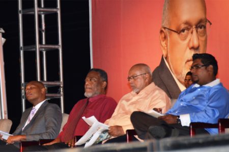 (From left to right) President of the GCCI and Vice Chairman of the Private Sector Commission Clinton Urling, Prime Minister Sam Hinds, President Donald Ramotar and Minister of Housing and Water Irfaan Ali on stage during the opening ceremony of International Building Expo 2012. (Anjuli Persaud photo)
