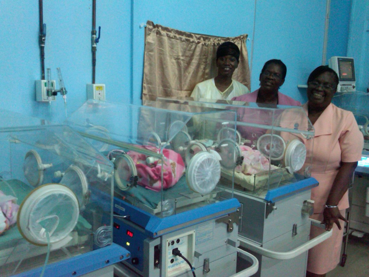The triplets in the Georgetown Public Hospital’s Neonatal Unit, with (from left to right) Midwife Dawn Stuart, Ward Manager Sister Vernie Batson-Lord and Senior Departmental Supervisor of the Maternity Unit Sister June Cato. 