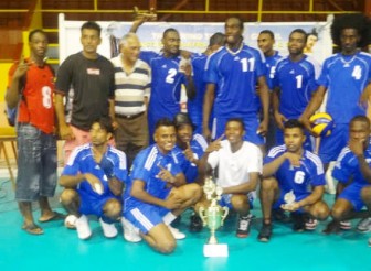 Young Achievers Volleyball team displays the trophies at the conclusion of the Tradewind Tankers True Champions volleyball tournament on Saturday at the National Gymnasium.