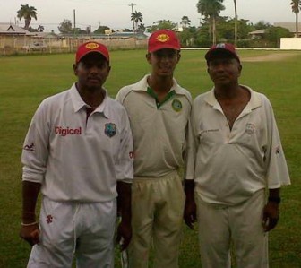 RARE OCCURRENCE! The Chanderpaul’s Shiv, left, Tagenarine, centre and Khemraj pose for a photo opportunity for Stabroek Sport after playing against Perseverance Sports Club of Trinidad.

