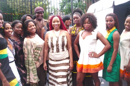 Sonia Noel and team in Brooklyn, New York surrounded by models. Fourth from left in back row is Caribbean fashion guru, Richard Young.