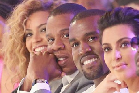 From left: Beyonce, her husband Jay-Z, Kanye West and his current girlfriend Kim Kardashian 