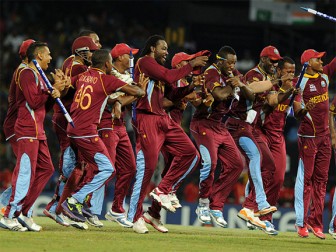 The West Indies players dance with joy after winning the ICC T20 tournament yesterday beating Sri Lanka by 36 runs in the final. (Cricket365 photo)