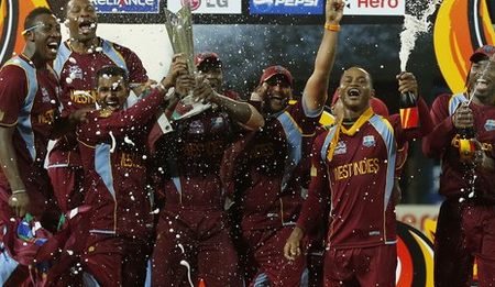 West Indies celebrating their victory today (BBC website)