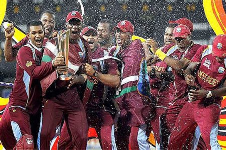 The West Indies team celebrates winning the ICC’s World T20 tournament.