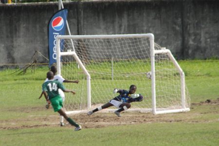 Keon Marshal nets one of his four goals for Soesdyke primary in their 8-0 thrashing of Company Road.