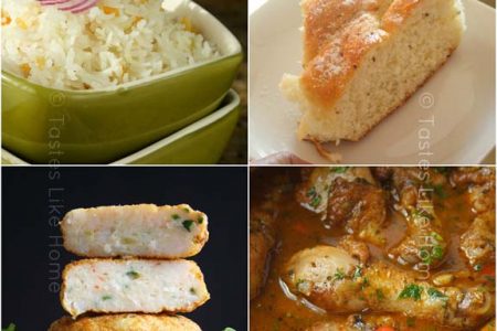Top L – R: Shine Rice, Anise Bread. Bottom L – R: Shrimp Cakes, Stewed Chicken (Photos by Cynthia Nelson)

