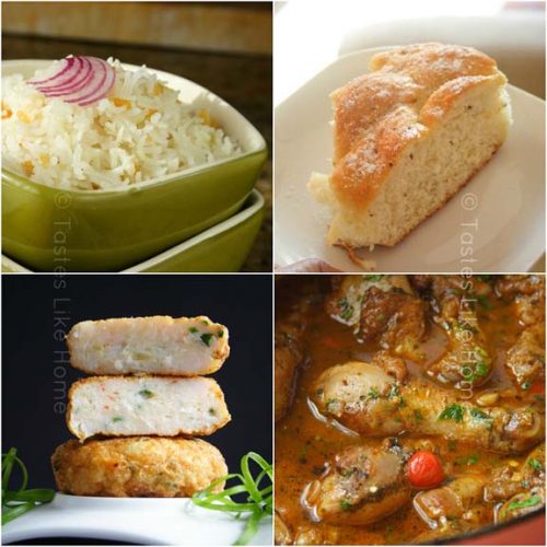 Top L - R: Shine Rice, Anise Bread. Bottom L - R: Shrimp Cakes, Stewed Chicken (Photos by Cynthia Nelson)
