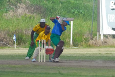 Vishal Singh caught on the back foot during his face-saving unbeaten knock of 29 which saw Demerara to a five-wicket win over Essequibo yesterday in their Inter County One Day match at the Everest Cricket Club ground. (Orlando Charles photo)