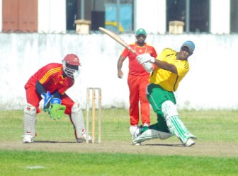 Essequibo top scorer Ricardo Adams on the go during his innings of 63 yesterday against Berbice in the Guyana Cricket Board Inter-Couty Competiotion at the DCC ground in Queenstown. (Orlando Charles photo)
