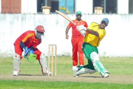 Essequibo top scorer Ricardo Adams on the go during his innings of 63 yesterday against Berbice in the Guyana Cricket Board Inter-Couty Competiotion at the DCC ground in Queenstown. (Orlando Charles photo)