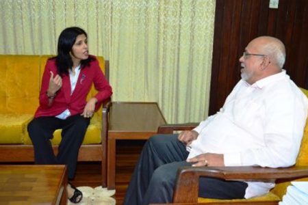 Outgoing Surinamese Ambassador to Guyana Dr. Manorma Soeknandan in talks with President Donald Ramotar.