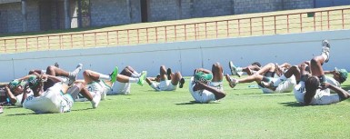 The Guyana T20 team doing  fitness drills yesterday at Gros Islet, St Lucia. (Photo courtesy of WICB media)