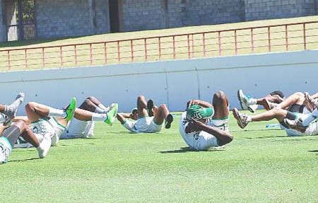 The Guyana T20 team doing  fitness drills yesterday at Gros Islet, St Lucia. (Photo courtesy of WICB media)