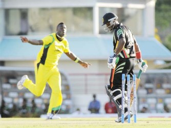 Narsingh Deonarine is bowled by Andre Russell, one of four wickets that the Jamaican fast bowler took yesterday. (Photo courtesy of West Indies media)