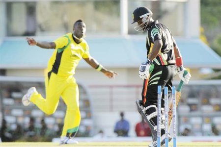Narsingh Deonarine is bowled by Andre Russell, one of four wickets that the Jamaican fast bowler took yesterday. (Photo courtesy of West Indies media)
