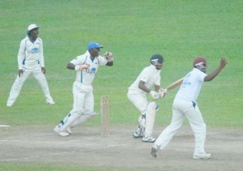 Demerara players celebrate the fall of President’s XI batsman Chanderpaul Hemraj who was lbw to Steven Latcha (not in picture) without scoring yesterday. (Orlando Charles photo)