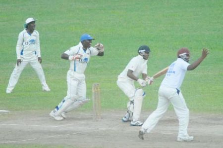 Demerara players celebrate the fall of President’s XI batsman Chanderpaul Hemraj who was lbw to Steven Latcha (not in picture) without scoring yesterday. (Orlando Charles photo)