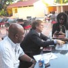 Guyana Goldfields Chief Executive Officer Patrick Sheridan (centre); Country Manager Violet Smith (right) and Human Resources Manager Peter Benny (left) during the interview.
