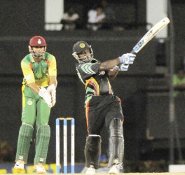 Guyana’s Derwin Christian pulls Garey mathurin for one of his five fours in his top score of 39 which enabled Guyana to defeat the Windwards by four wickets last night. (Photo courtesy of WICB media)