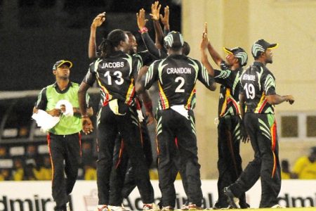 Guyana celebrate the fall of a Jamaican batsman’s wicket. (photo Courtesy of WICB media)