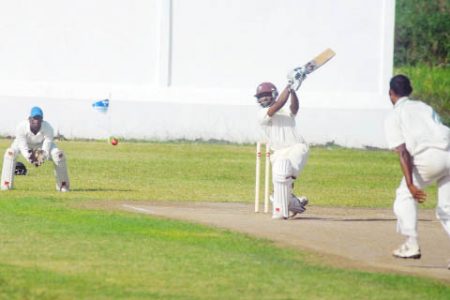 Rajendra Chandrika plays through the off-side during his unbeaten innings of 46 yesterday at the Everest Cricket Club ground. (Orlando Charles photo) 
