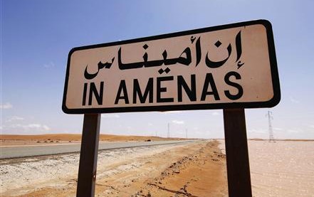 A road sign indicating In Amenas, about 100 km (60 miles) from the Algerian and Libyan border, is seen in this undated picture provided by Norwegian oil company Statoil January 16, 2013. Islamist militants attacked a gas production field in southern Algeria January 16, 2013, kidnapping at least nine foreigners and killing two people including a French national during a dawn raid, local and company officials said. The In Amenas gas field is operated by a joint venture including BP, Norwegian oil firm Statoil and Algerian state company Sonatrach. REUTERS/Kjetil Alsvik / Statoil/Handout