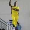 Fast bowler Andre Russell sends down another delivery during his haul of four for 22. (Photo courtesy WICB)