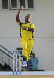 Fast bowler Andre Russell sends down another delivery during his haul of four for 22. (Photo courtesy WICB)