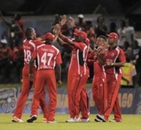 Trinidad and Tobago celebrate another wicket during their 80-run victory over Guyana.