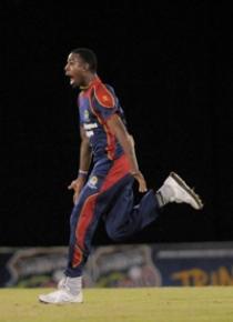 Derone Davis celebrates his hat-trick on Friday night. (Photo courtesy WICB)