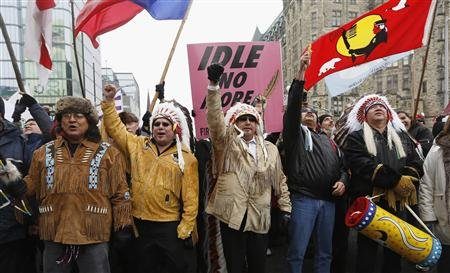 First Nations protesters march towards Parliament Hill before the start of a meeting between chiefs and Canada’s Prime Minister Stephen Harper in Ottawa January 11, 2013. REUTERS/Chris Wattie