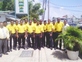 The Guyana national cricket team which will participate in the West Indies Cricket Board’s Super50 limited overs tournament prior to the team’s departure for Antigua yesterday. At left is president of the Guyana Cricket Board Drubahadur while Secretary Anand Sanasie is at right. (Neil Barry Jr., photo) 