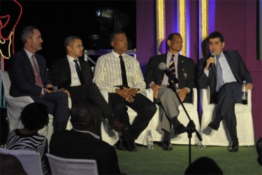 The panel on stage during the launch from left, Jaime Stewart, Dirk Hall, WICB CEO Michael Muirhead, WICB President Dr. Julian Hunte and Ajmal Khan. (Photo courtesy of WICB media) 