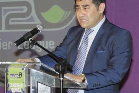 CEO of Verus International Amjal Khan delivers the feature address Tuesday night at the Sandy Lane Country Club, venue for the launch of the inaugural Caribbean Premier League. (Photo courtesy WICB media)