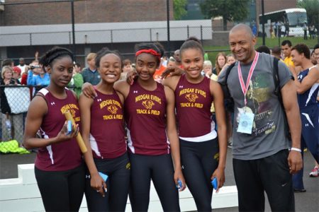 COUGARS CREW! The Medgar Evers relay squad at an outdoor meet last year.
